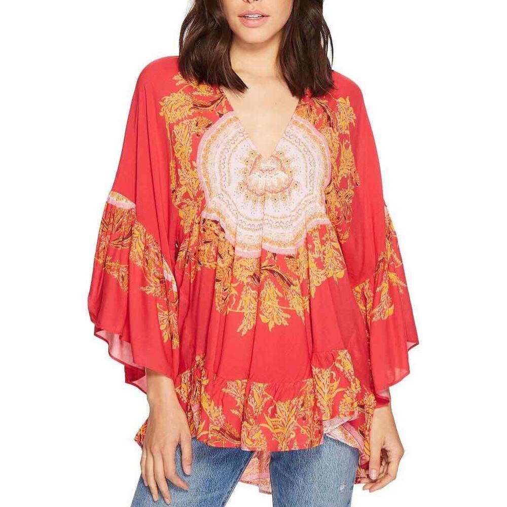 Free People Red Orange Print Sunset Dreams Ruffle Plunging Neck Bohemian Top